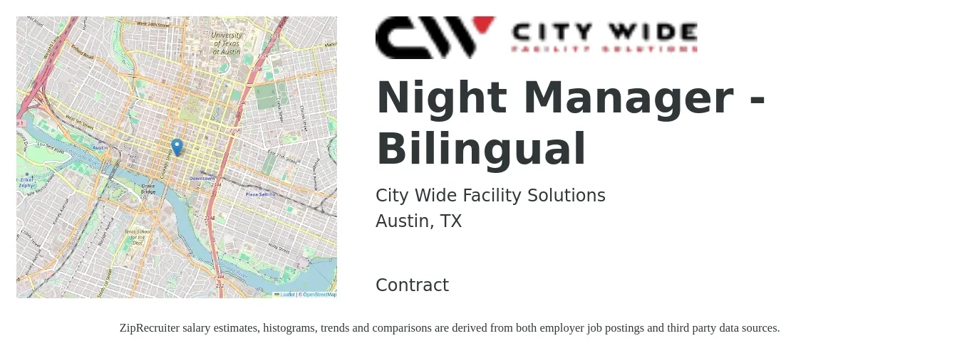 City Wide Facility Solutions job posting for a Night Manager - Bilingual in Austin, TX with a salary of $16 to $24 Hourly with a map of Austin location.