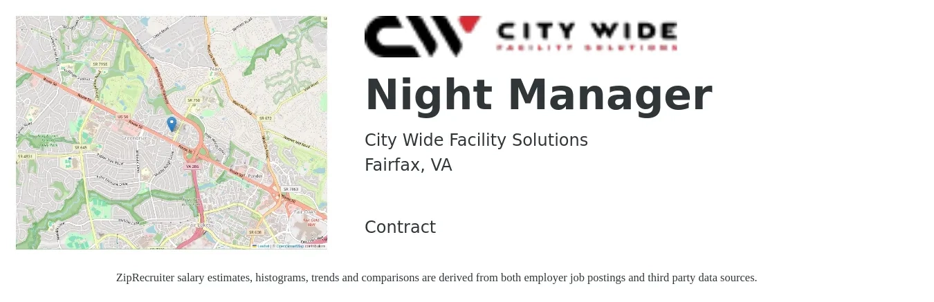 City Wide Facility Solutions job posting for a Night Manager in Fairfax, VA with a salary of $17 to $25 Hourly with a map of Fairfax location.