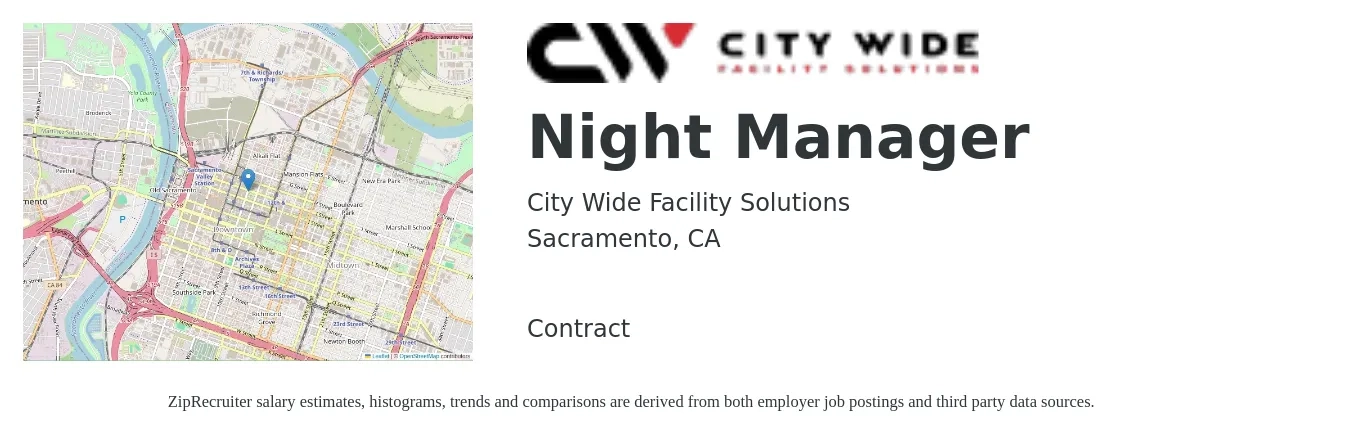 City Wide Facility Solutions job posting for a Night Manager in Sacramento, CA with a salary of $18 to $26 Hourly with a map of Sacramento location.