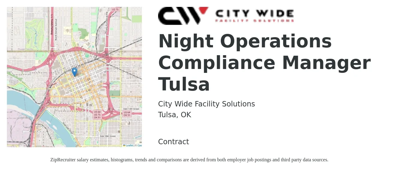 City Wide Facility Solutions job posting for a Night Operations Compliance Manager Tulsa in Tulsa, OK with a salary of $15 Hourly with a map of Tulsa location.