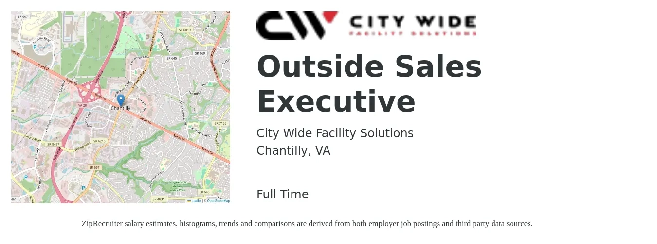 City Wide Facility Solutions job posting for a Outside Sales Executive in Chantilly, VA with a salary of $100,000 Yearly with a map of Chantilly location.