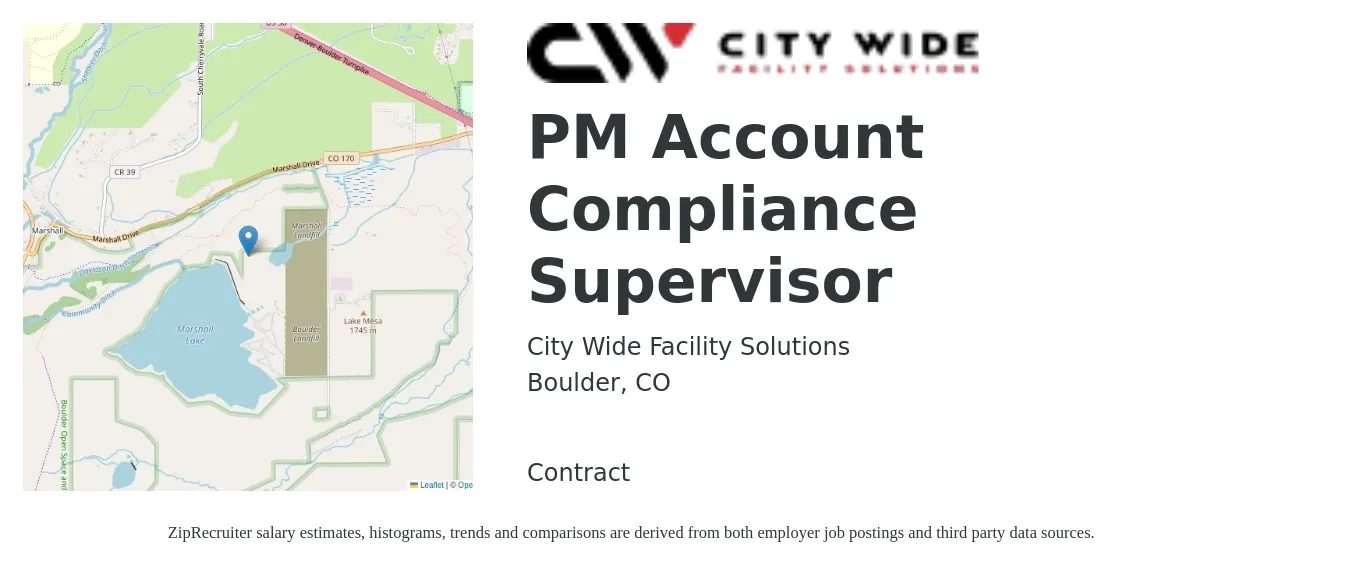City Wide Facility Solutions job posting for a PM Account Compliance Supervisor in Boulder, CO with a salary of $49,800 to $81,400 Yearly with a map of Boulder location.