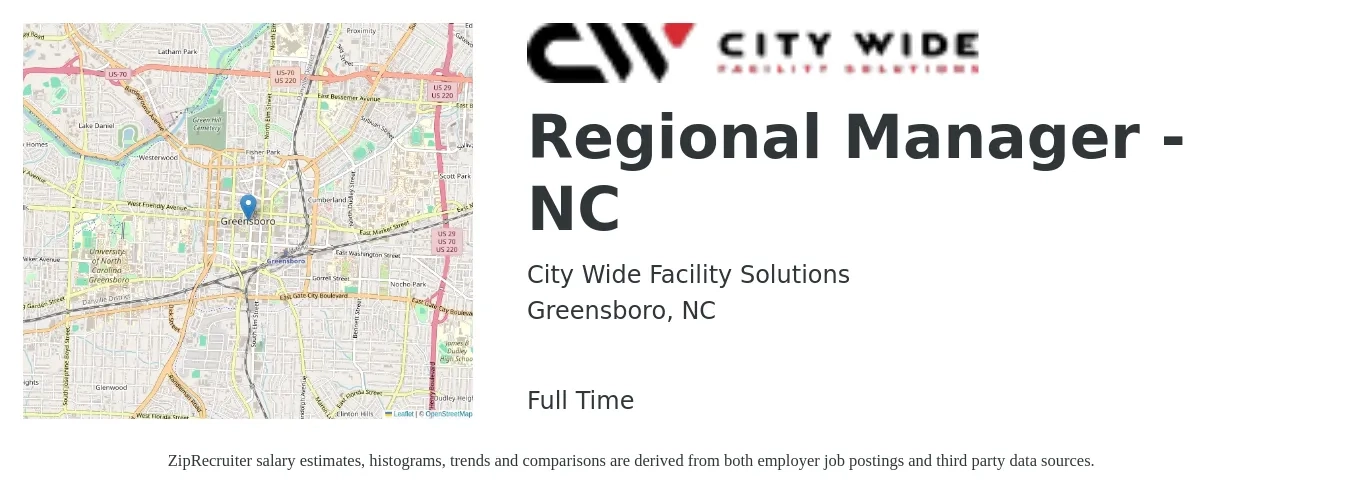 City Wide Facility Solutions job posting for a Regional Manager - NC in Greensboro, NC with a salary of $56,200 to $100,300 Yearly with a map of Greensboro location.