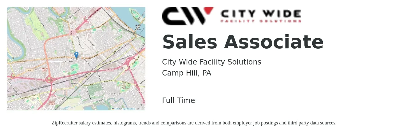 City Wide Facility Solutions job posting for a Sales Associate in Camp Hill, PA with a salary of $14 to $19 Hourly with a map of Camp Hill location.
