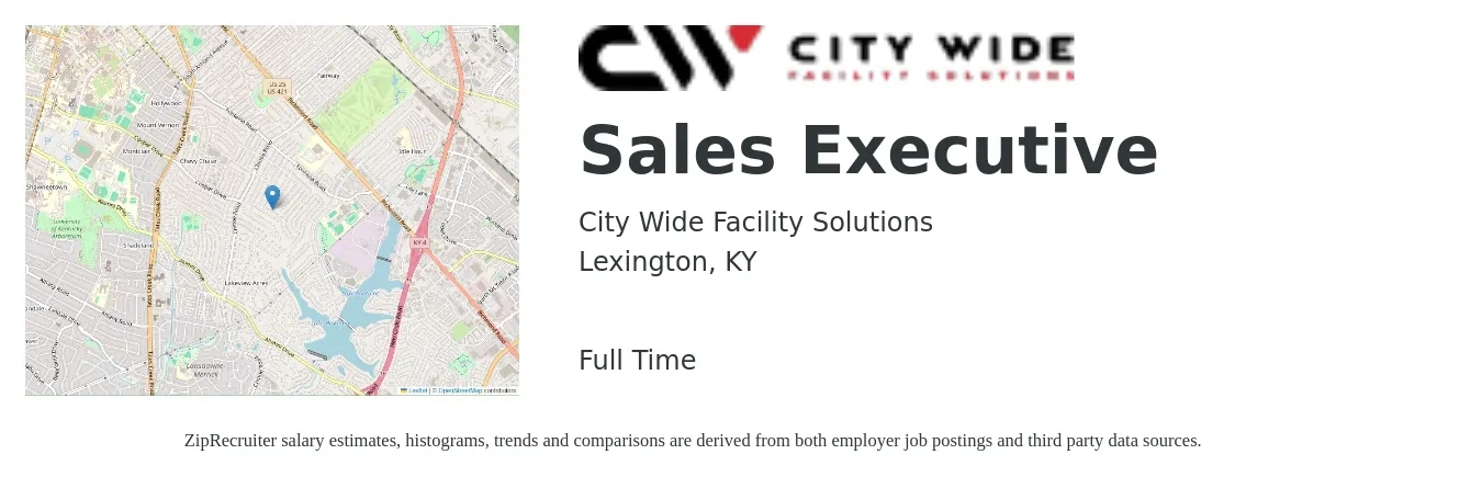 City Wide Facility Solutions job posting for a Sales Executive in Lexington, KY with a salary of $56,700 to $97,400 Yearly with a map of Lexington location.