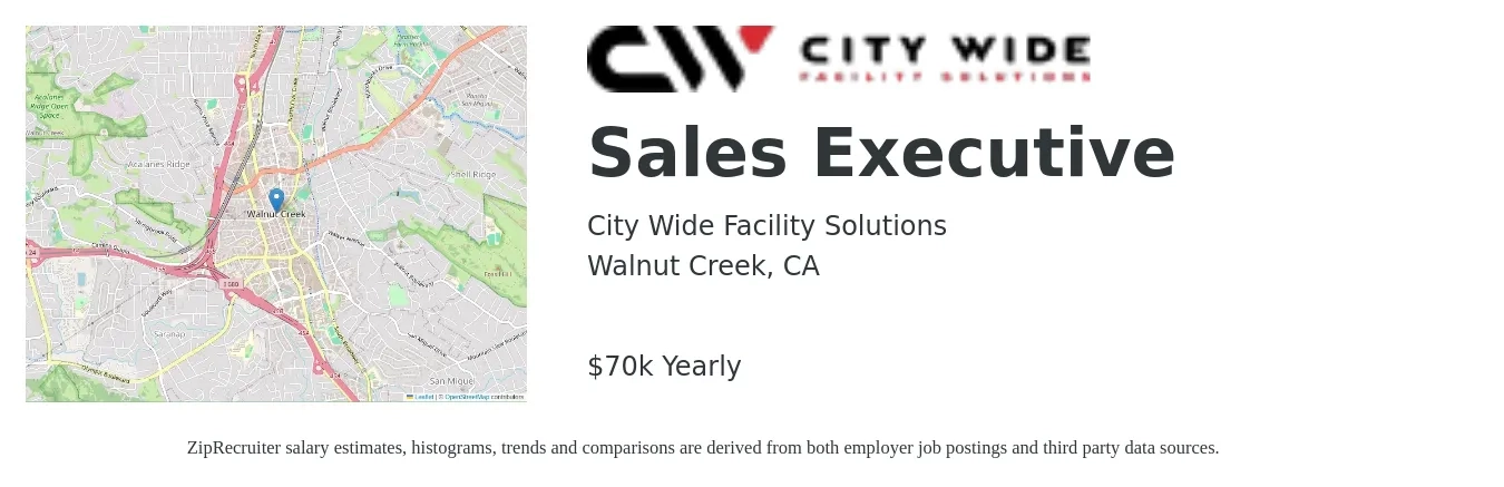 City Wide Facility Solutions job posting for a Sales Executive in Walnut Creek, CA with a salary of $70,000 Yearly with a map of Walnut Creek location.