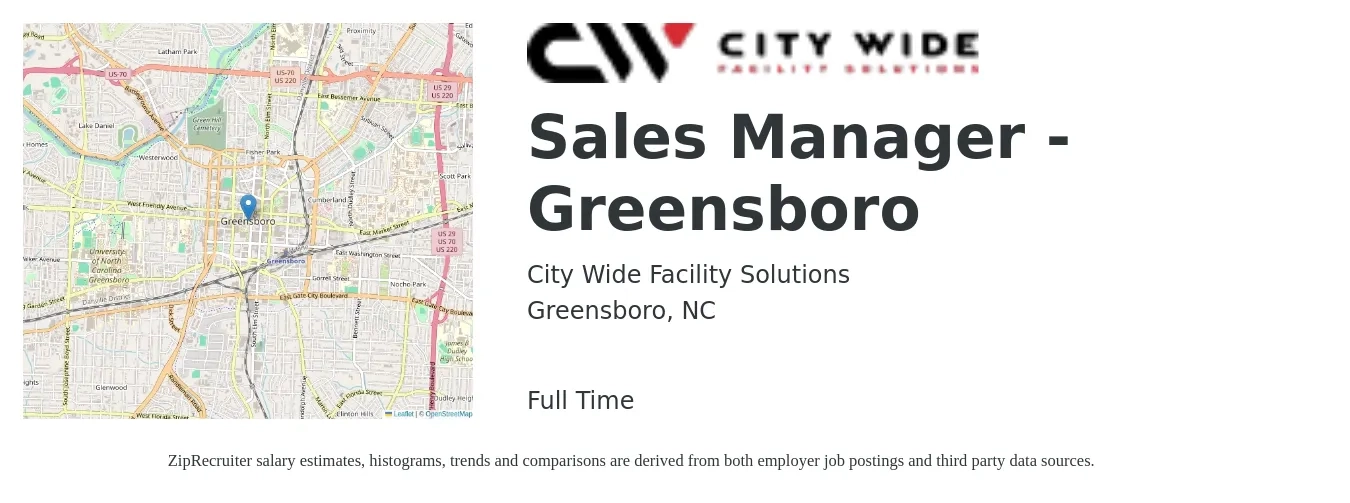 City Wide Facility Solutions job posting for a Sales Manager - Greensboro in Greensboro, NC with a salary of $55,000 Yearly with a map of Greensboro location.