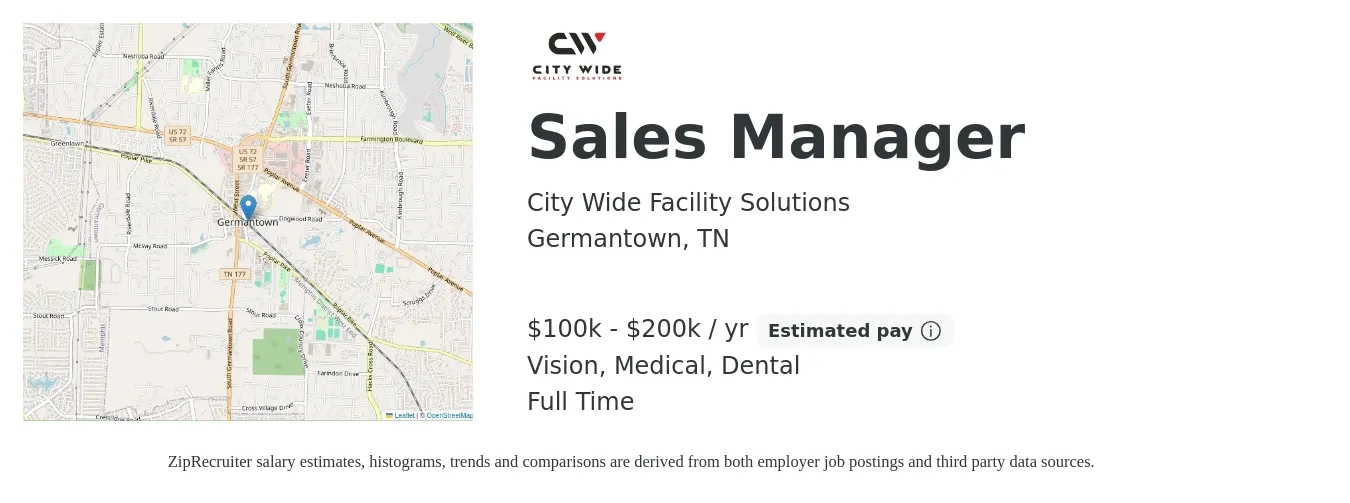 City Wide Facility Solutions job posting for a Sales Manager in Germantown, TN with a salary of $80,000 to $120,000 Yearly and benefits including dental, life_insurance, medical, pto, retirement, and vision with a map of Germantown location.