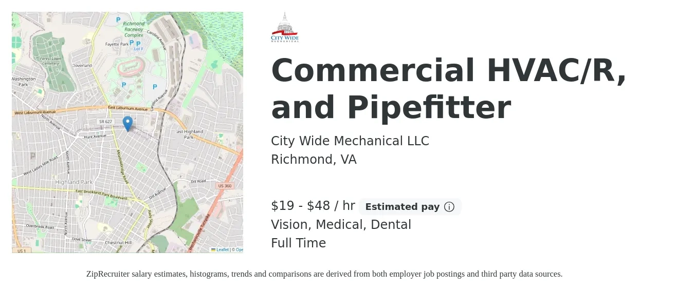 City Wide Mechanical LLC job posting for a Commercial HVAC/R, and Pipefitter in Richmond, VA with a salary of $20 to $50 Hourly and benefits including dental, medical, pto, retirement, and vision with a map of Richmond location.
