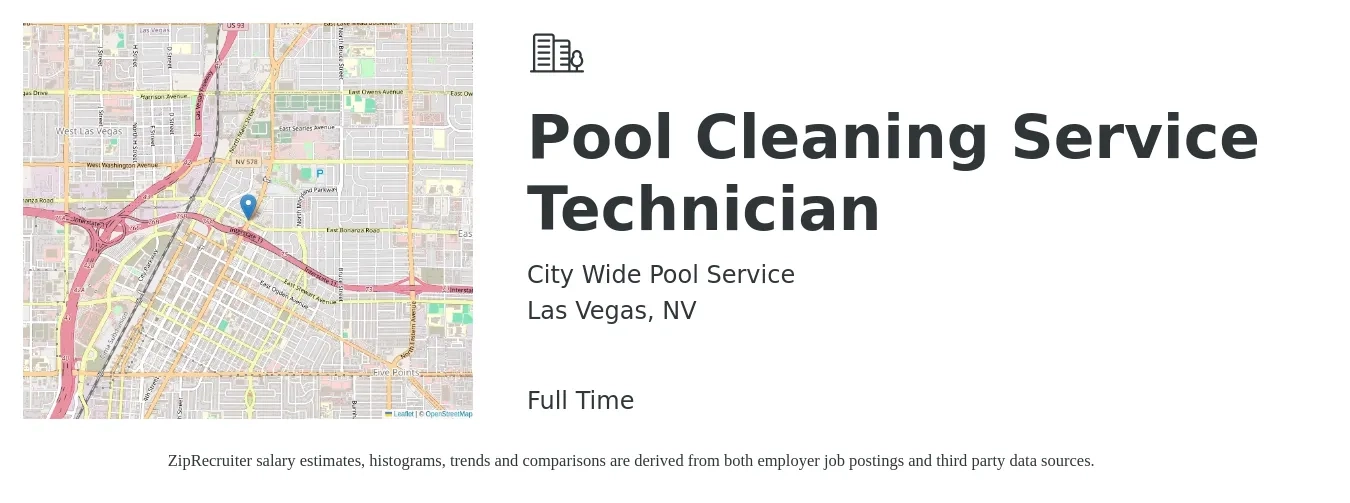 City Wide Pool Service job posting for a Pool Cleaning Service Technician in Las Vegas, NV with a salary of $660 to $900 Weekly with a map of Las Vegas location.