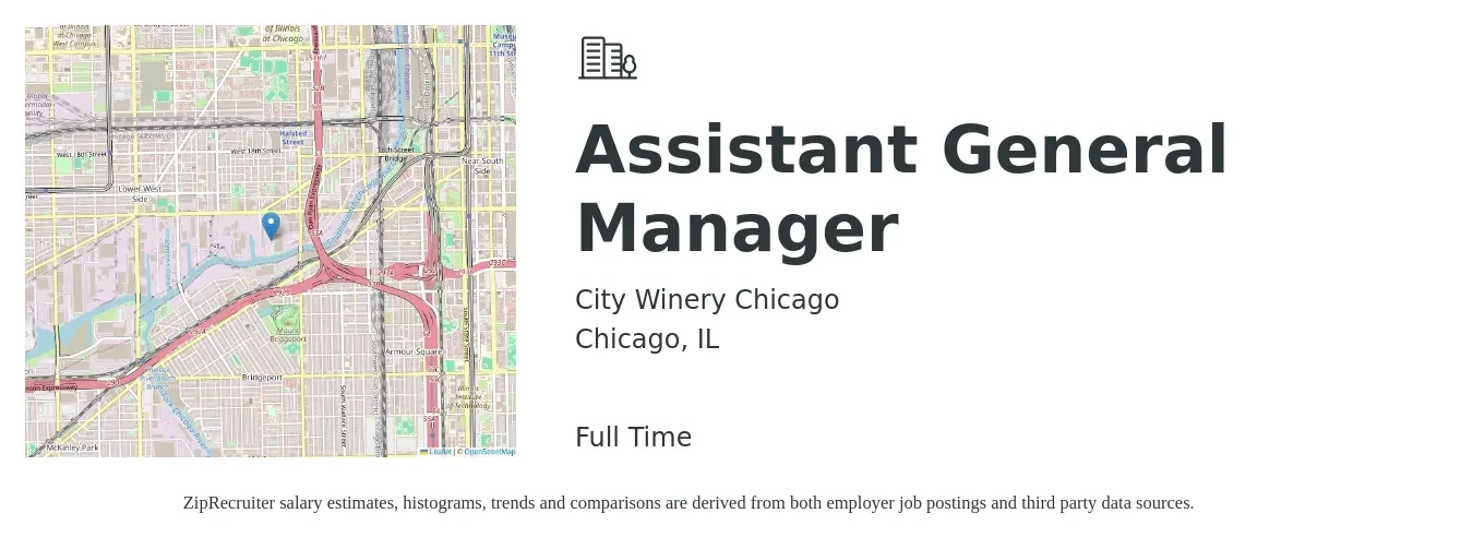 City Winery Chicago job posting for a Assistant General Manager in Chicago, IL with a salary of $17 to $26 Hourly with a map of Chicago location.
