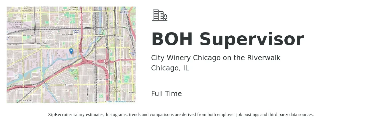 City Winery Chicago on the Riverwalk job posting for a BOH Supervisor in Chicago, IL with a salary of $26 to $36 Hourly with a map of Chicago location.