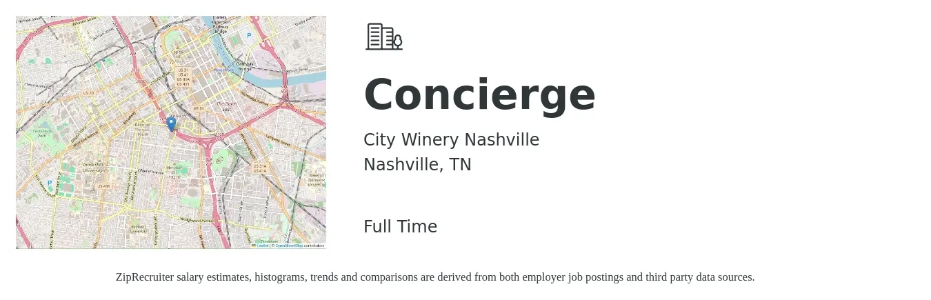 City Winery Nashville job posting for a Concierge in Nashville, TN with a salary of $15 to $19 Hourly with a map of Nashville location.