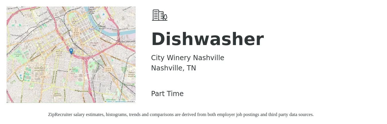City Winery Nashville job posting for a Dishwasher in Nashville, TN with a salary of $12 to $16 Hourly with a map of Nashville location.