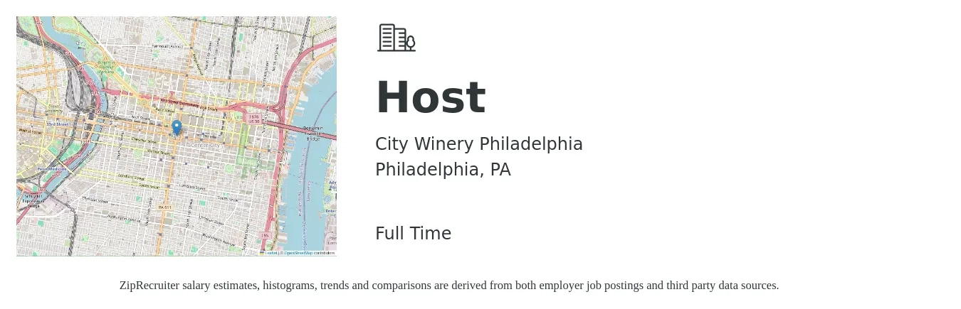 City Winery Philadelphia job posting for a Host in Philadelphia, PA with a salary of $14 to $18 Hourly with a map of Philadelphia location.