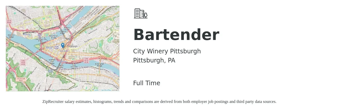 City Winery Pittsburgh job posting for a Bartender in Pittsburgh, PA with a salary of $10 to $18 Hourly with a map of Pittsburgh location.