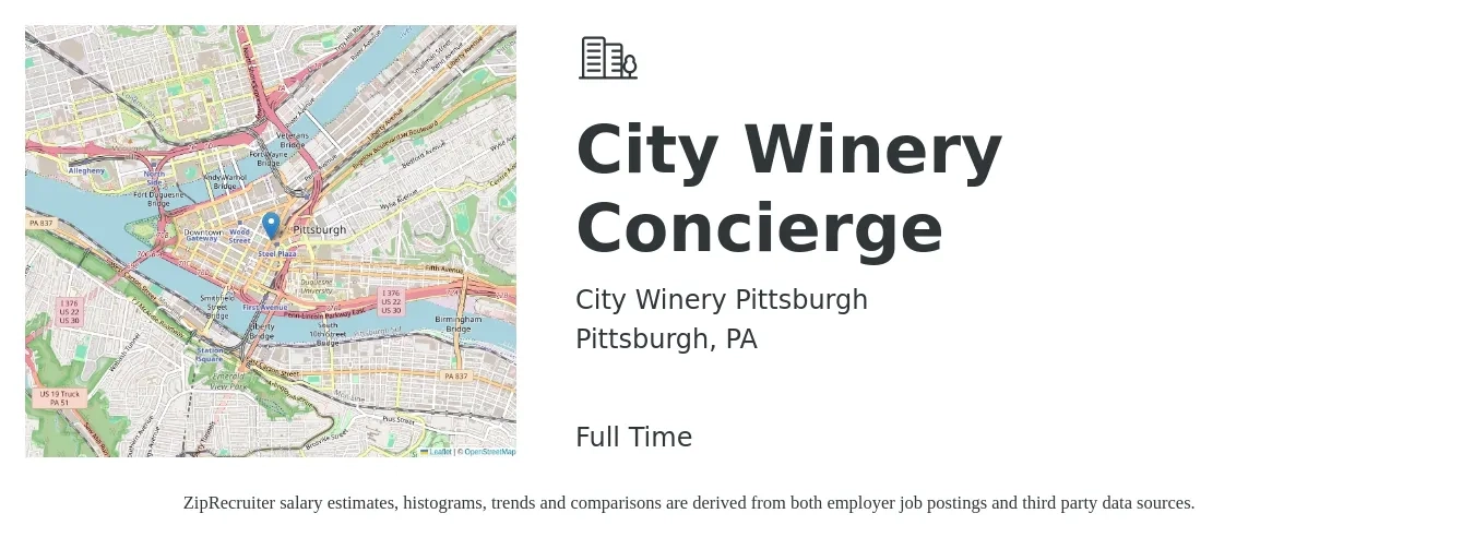 City Winery Pittsburgh job posting for a City Winery Concierge in Pittsburgh, PA with a salary of $15 to $20 Hourly with a map of Pittsburgh location.