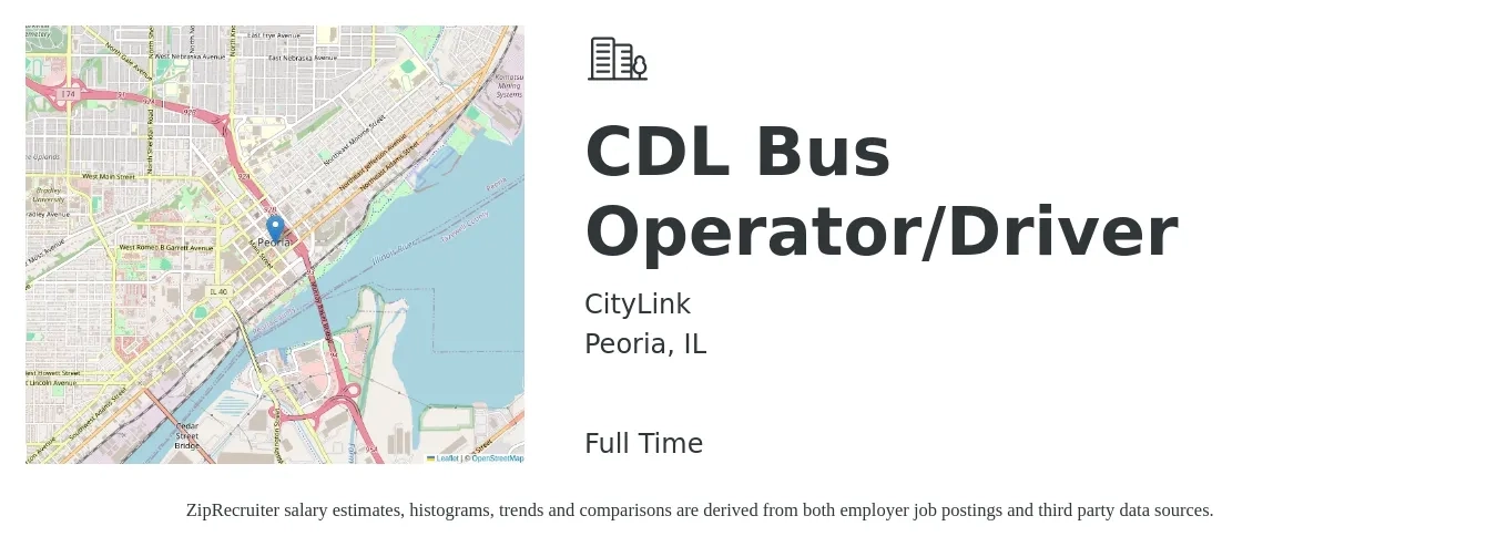 CityLink job posting for a CDL Bus Operator/Driver in Peoria, IL with a salary of $19 to $34 Hourly with a map of Peoria location.