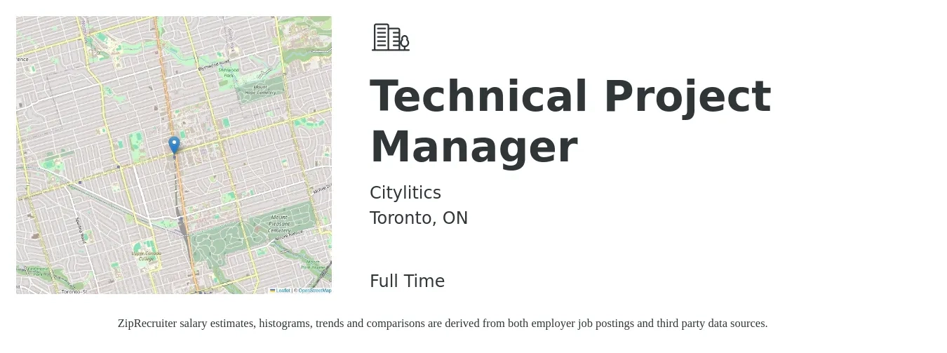 Citylitics job posting for a Technical Project Manager in Toronto, ON with a map of Toronto location.
