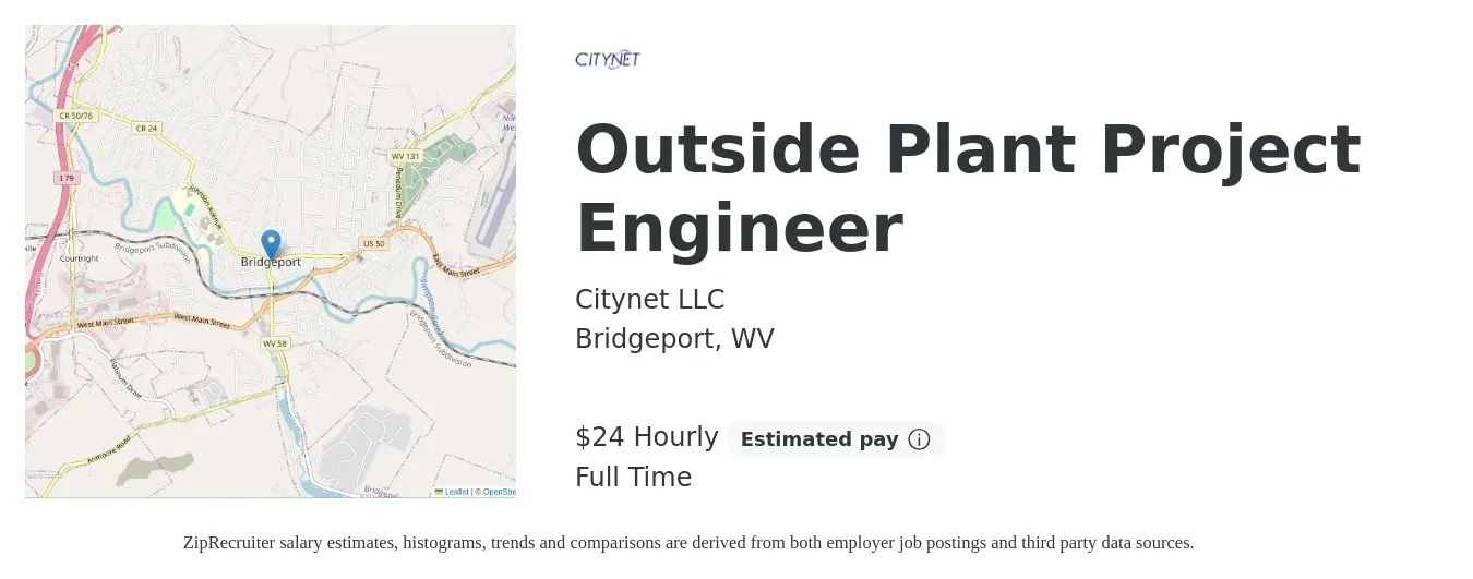 Citynet LLC job posting for a Outside Plant Project Engineer in Bridgeport, WV with a salary of $25 Hourly with a map of Bridgeport location.