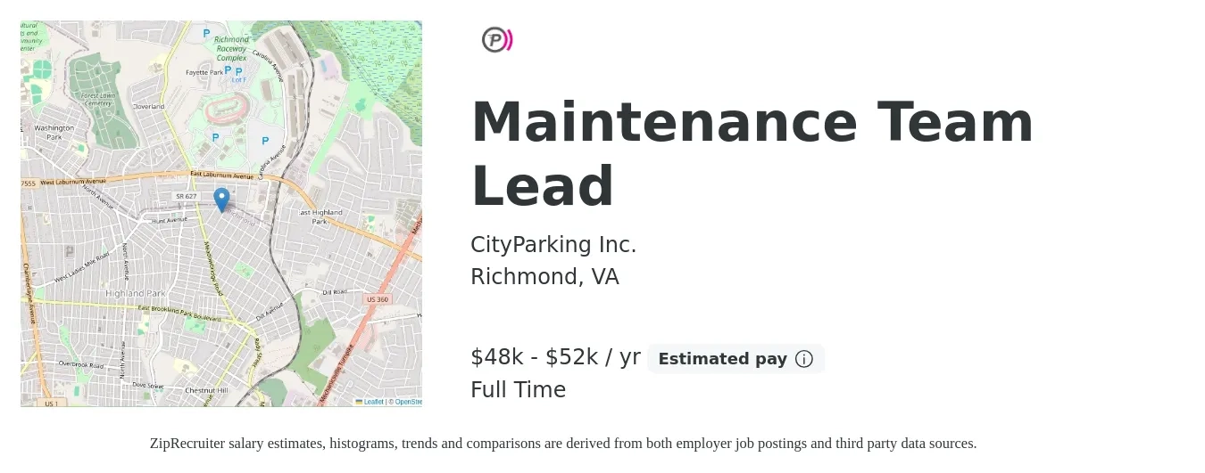 CityParking Inc. job posting for a Maintenance Team Lead in Richmond, VA with a salary of $48,000 to $52,000 Yearly with a map of Richmond location.
