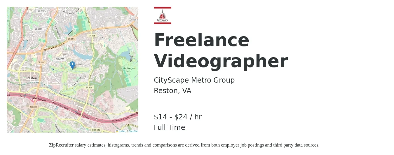 CityScape Metro Group job posting for a Freelance Videographer in Reston, VA with a salary of $15 to $25 Hourly with a map of Reston location.