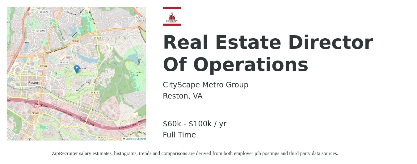 CityScape Metro Group job posting for a Real Estate Director Of Operations in Reston, VA with a salary of $60,000 to $100,000 Yearly with a map of Reston location.