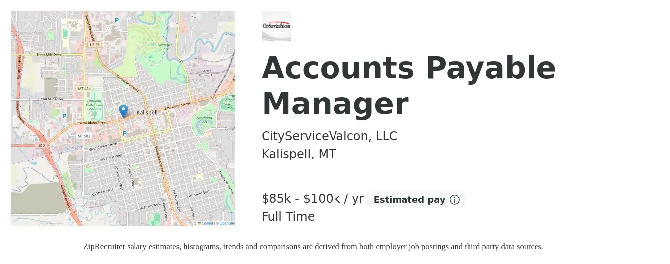 CityServiceValcon, LLC job posting for a Accounts Payable Manager in Kalispell, MT with a salary of $85,000 to $100,000 Yearly with a map of Kalispell location.