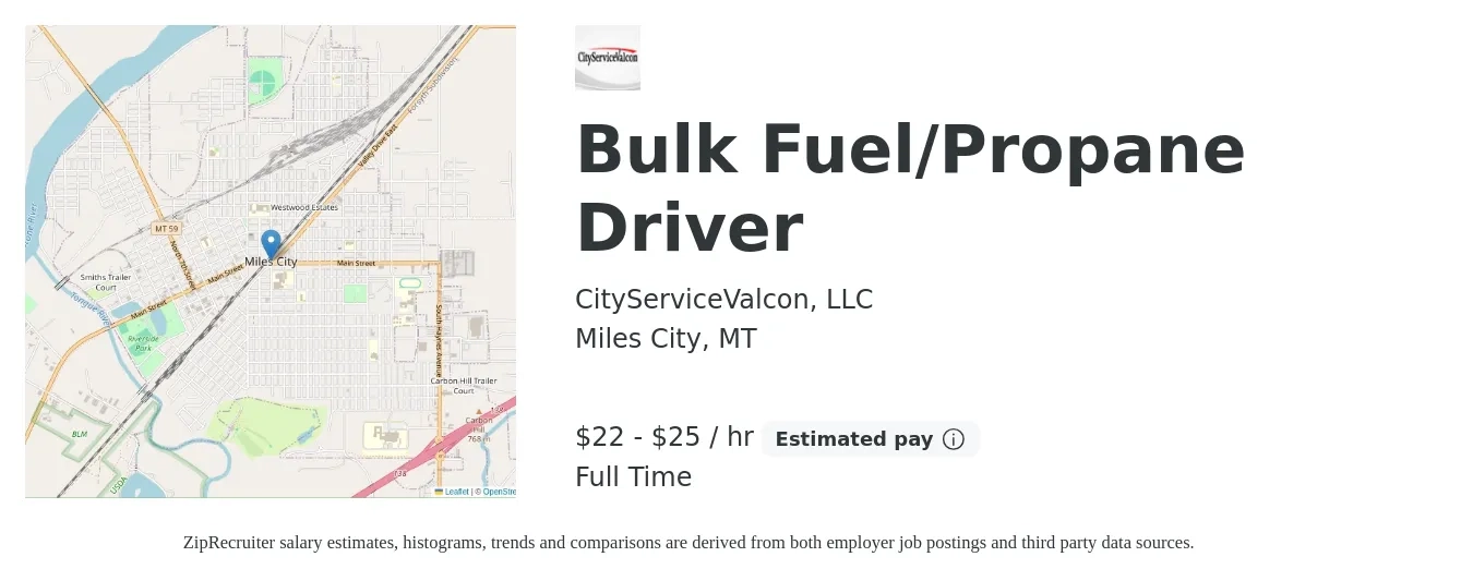 CityServiceValcon, LLC job posting for a Bulk Fuel/Propane Driver in Miles City, MT with a salary of $23 to $26 Hourly with a map of Miles City location.