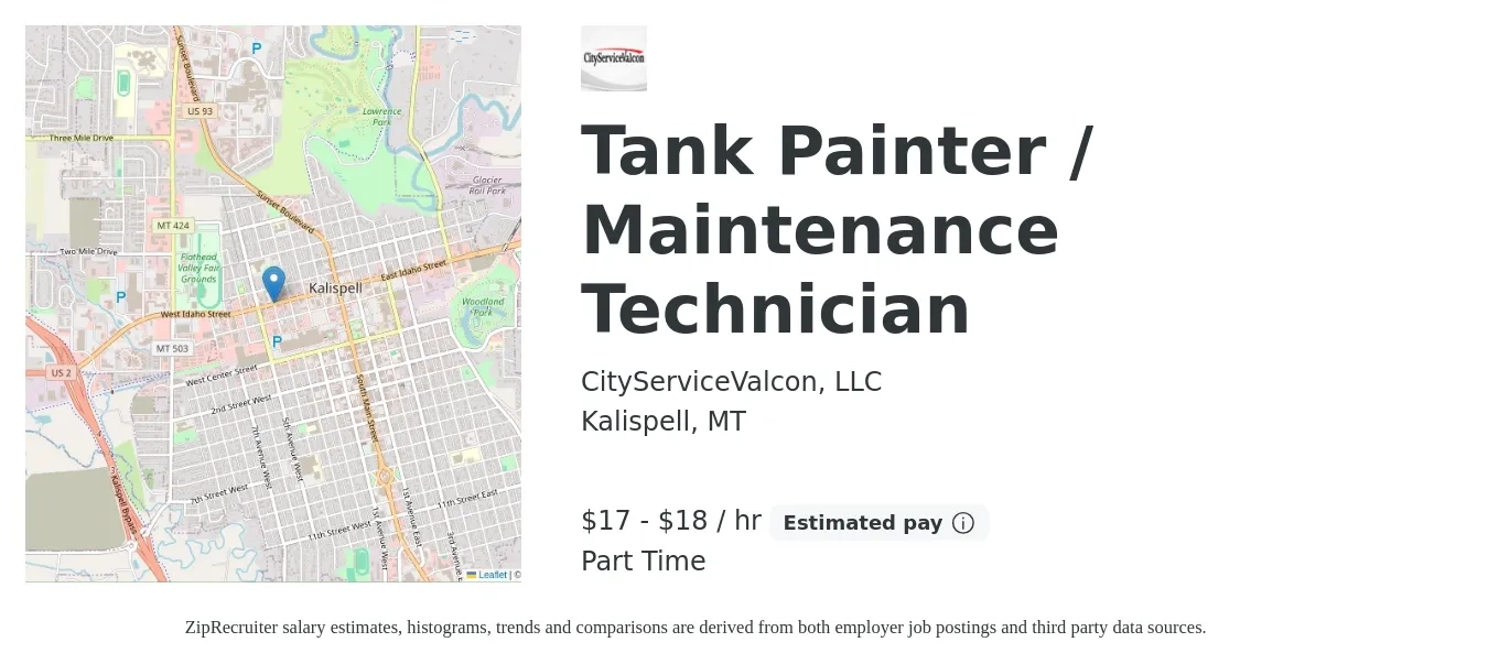 CityServiceValcon, LLC job posting for a Tank Painter / Maintenance Technician in Kalispell, MT with a salary of $18 to $19 Hourly with a map of Kalispell location.