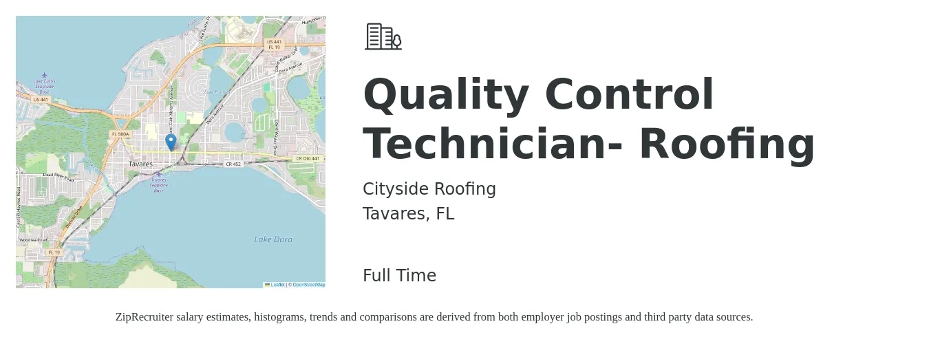 Cityside Roofing job posting for a Quality Control Technician- Roofing in Tavares, FL with a salary of $18 to $25 Hourly with a map of Tavares location.