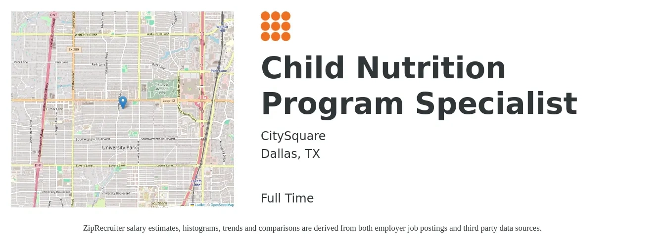 CitySquare job posting for a Child Nutrition Program Specialist in Dallas, TX with a salary of $38,000 to $40,000 Yearly with a map of Dallas location.