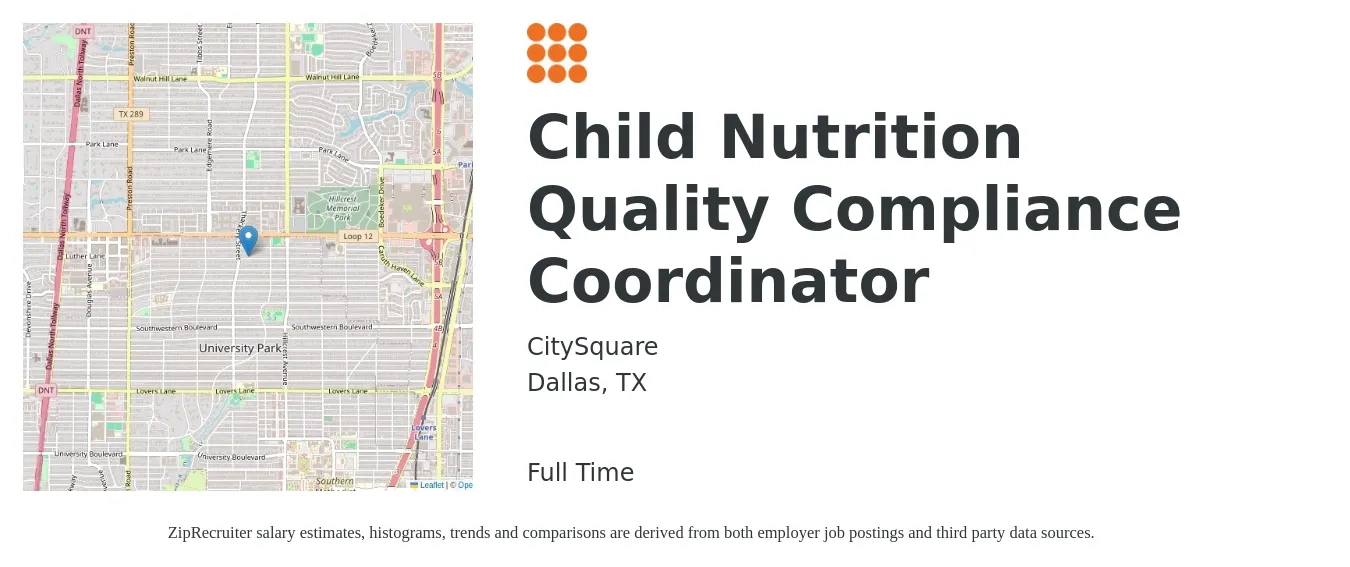 CitySquare job posting for a Child Nutrition Quality Compliance Coordinator in Dallas, TX with a salary of $46,000 to $48,000 Yearly with a map of Dallas location.