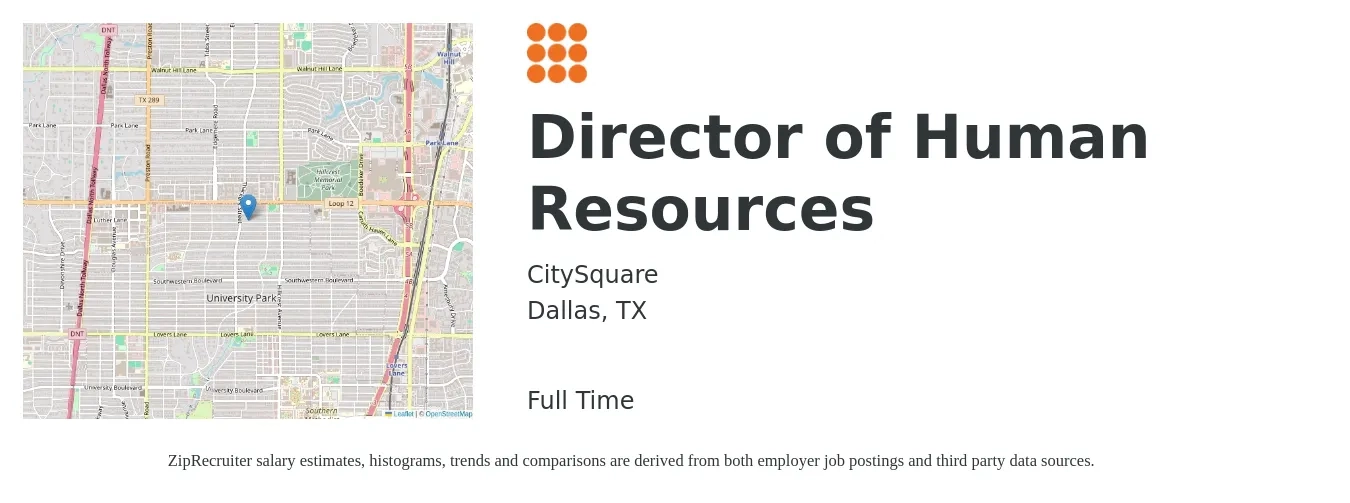 CitySquare job posting for a Director of Human Resources in Dallas, TX with a salary of $85,000 to $100,000 Yearly with a map of Dallas location.