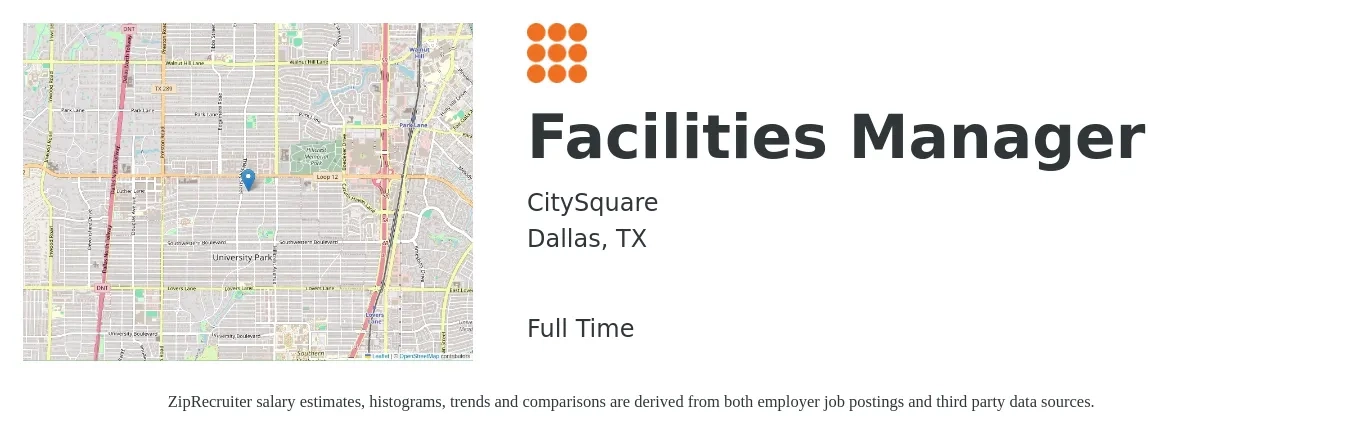 CitySquare job posting for a Facilities Manager in Dallas, TX with a salary of $53,400 to $88,600 Yearly with a map of Dallas location.
