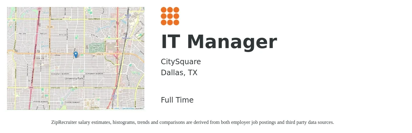 CitySquare job posting for a IT Manager in Dallas, TX with a salary of $94,000 to $115,300 Yearly with a map of Dallas location.
