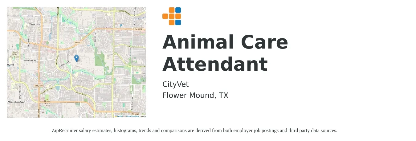 CityVet job posting for a Animal Care Attendant in Flower Mound, TX with a salary of $12 to $17 Hourly with a map of Flower Mound location.