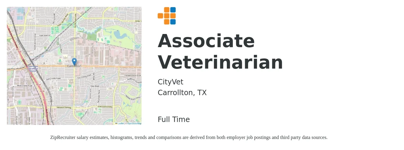 CityVet job posting for a Associate Veterinarian in Carrollton, TX with a salary of $98,900 to $159,800 Yearly with a map of Carrollton location.