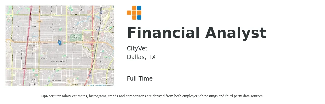 CityVet job posting for a Financial Analyst in Dallas, TX with a salary of $69,200 to $109,300 Yearly with a map of Dallas location.