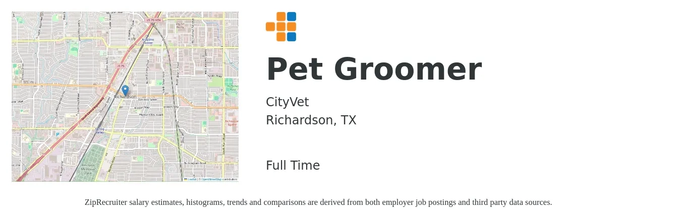 CityVet job posting for a Pet Groomer in Richardson, TX with a salary of $16 to $29 Hourly with a map of Richardson location.