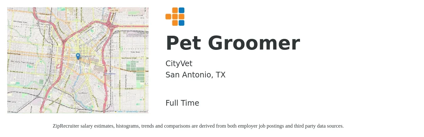 CityVet job posting for a Pet Groomer in San Antonio, TX with a salary of $15 to $27 Hourly with a map of San Antonio location.