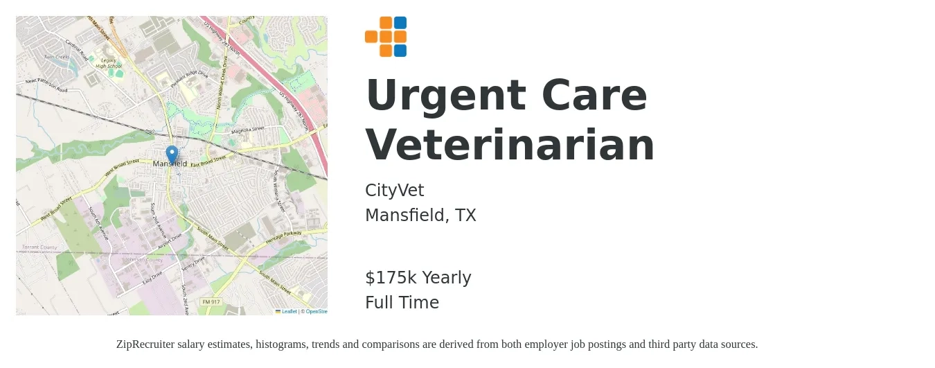 CityVet job posting for a Urgent Care Veterinarian in Mansfield, TX with a salary of $175,000 Yearly with a map of Mansfield location.