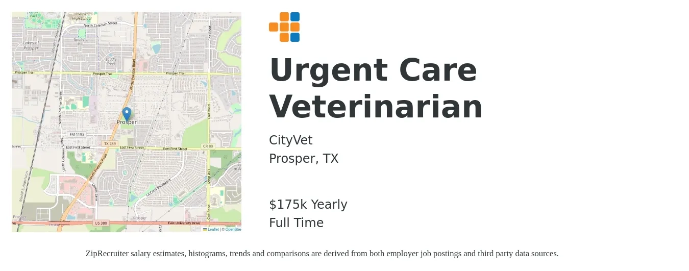 CityVet job posting for a Urgent Care Veterinarian in Prosper, TX with a salary of $175,000 Yearly with a map of Prosper location.