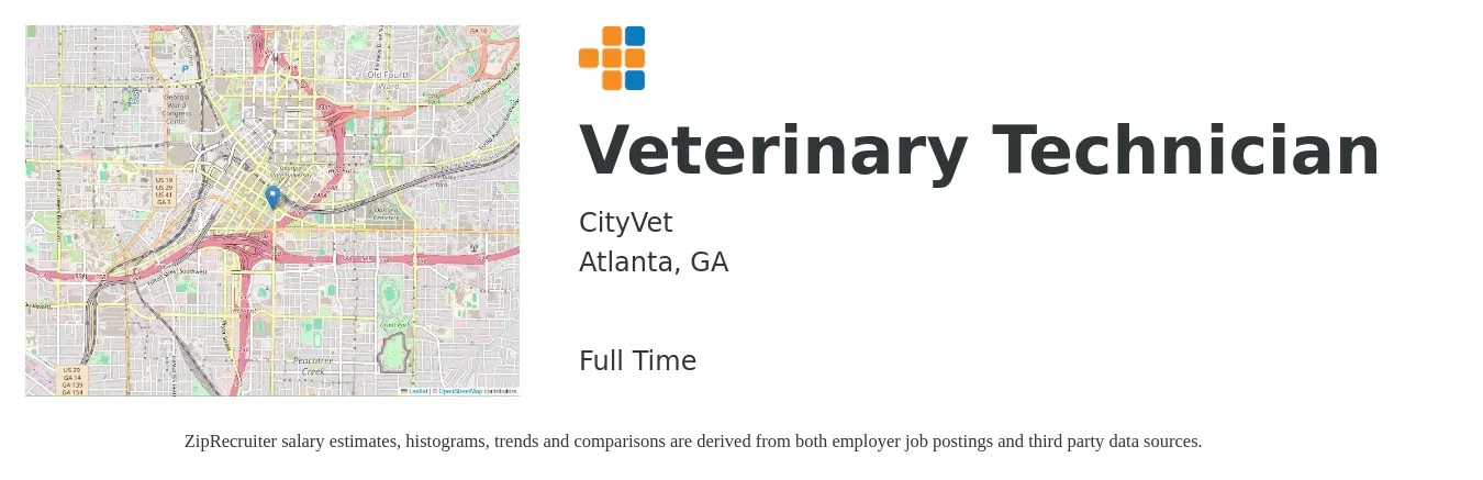 CityVet job posting for a Veterinary Technician in Atlanta, GA with a salary of $18 to $25 Hourly with a map of Atlanta location.