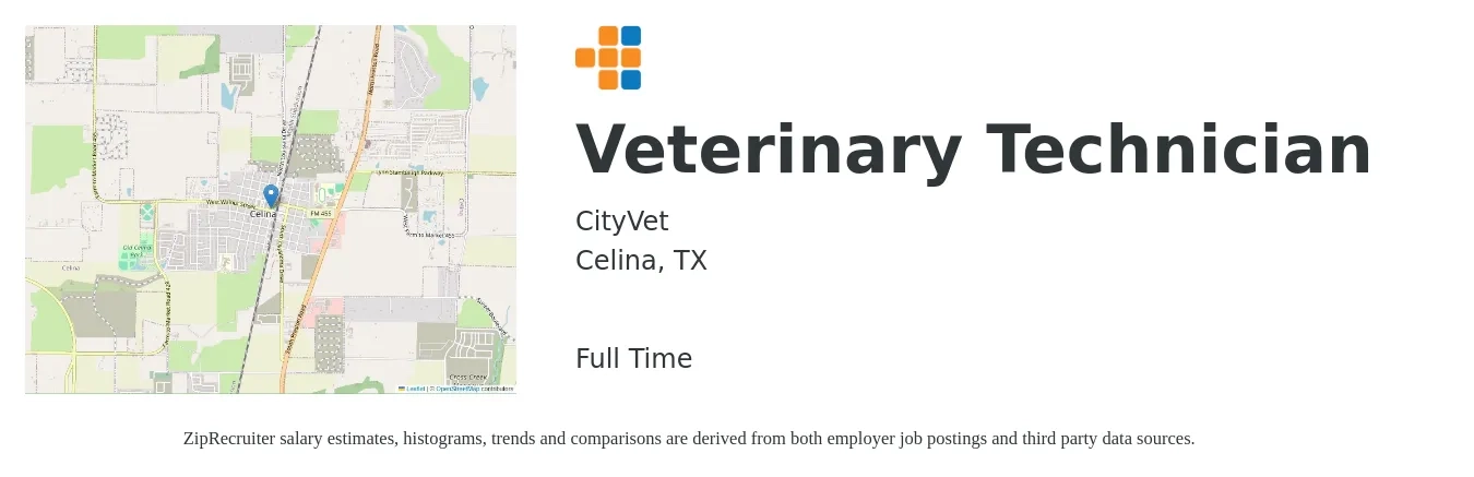 CityVet job posting for a Veterinary Technician in Celina, TX with a salary of $16 to $23 Hourly with a map of Celina location.