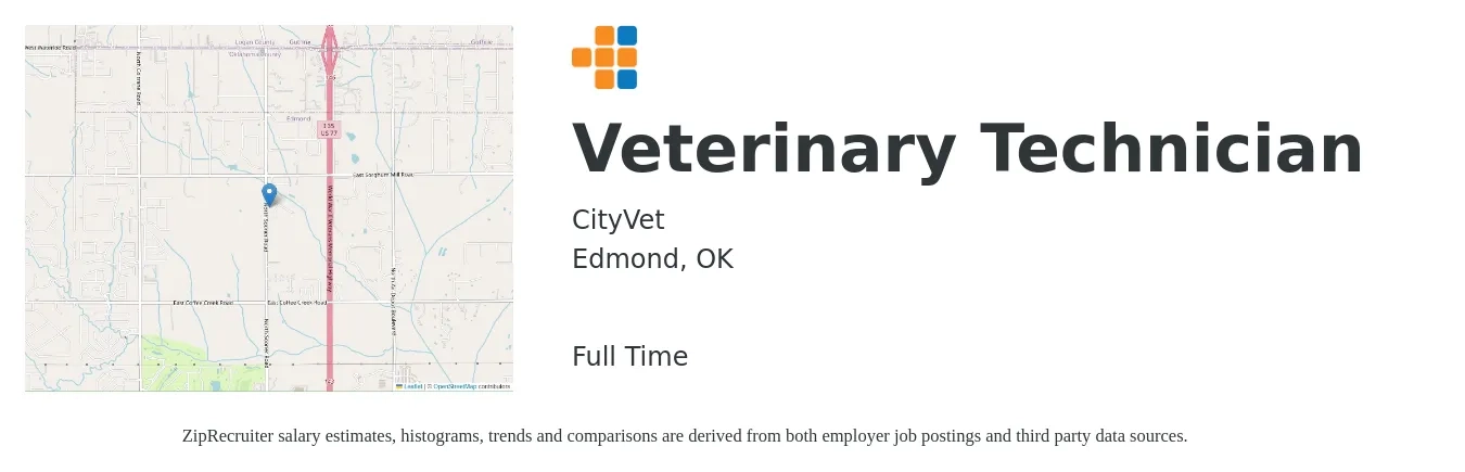 CityVet job posting for a Veterinary Technician in Edmond, OK with a salary of $16 to $22 Hourly with a map of Edmond location.