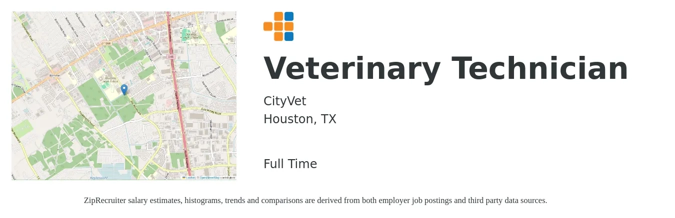 CityVet job posting for a Veterinary Technician in Houston, TX with a salary of $16 to $23 Hourly with a map of Houston location.