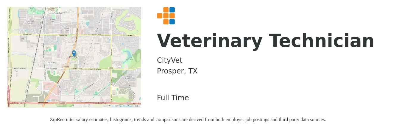 CityVet job posting for a Veterinary Technician in Prosper, TX with a salary of $17 to $24 Hourly with a map of Prosper location.