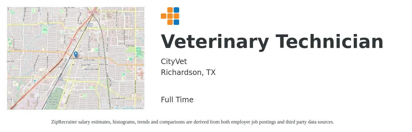 CityVet job posting for a Veterinary Technician in Richardson, TX with a salary of $18 to $24 Hourly with a map of Richardson location.