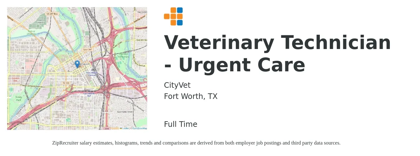 CityVet job posting for a Veterinary Technician - Urgent Care in Fort Worth, TX with a salary of $17 to $23 Hourly with a map of Fort Worth location.